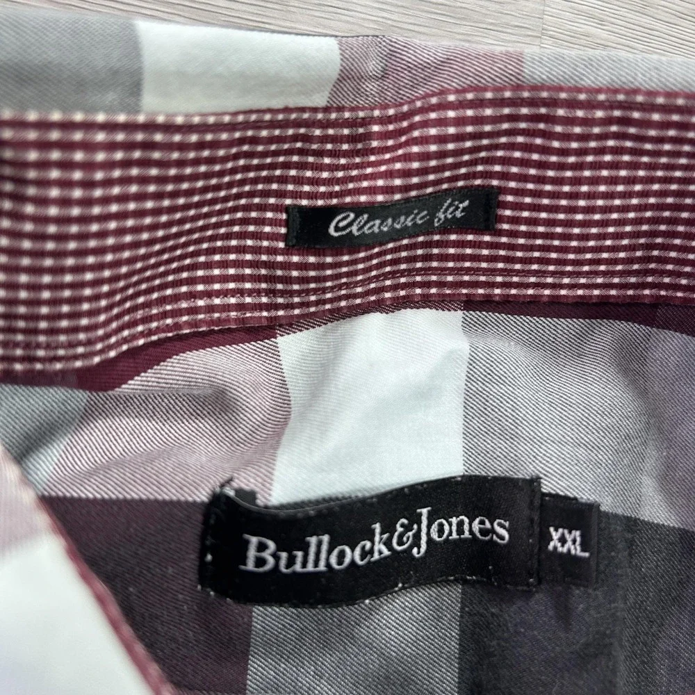Bullock & Jones Shirt Mens 2XL Red‎ Gray Plaid Long Sleeve Button Up Casual